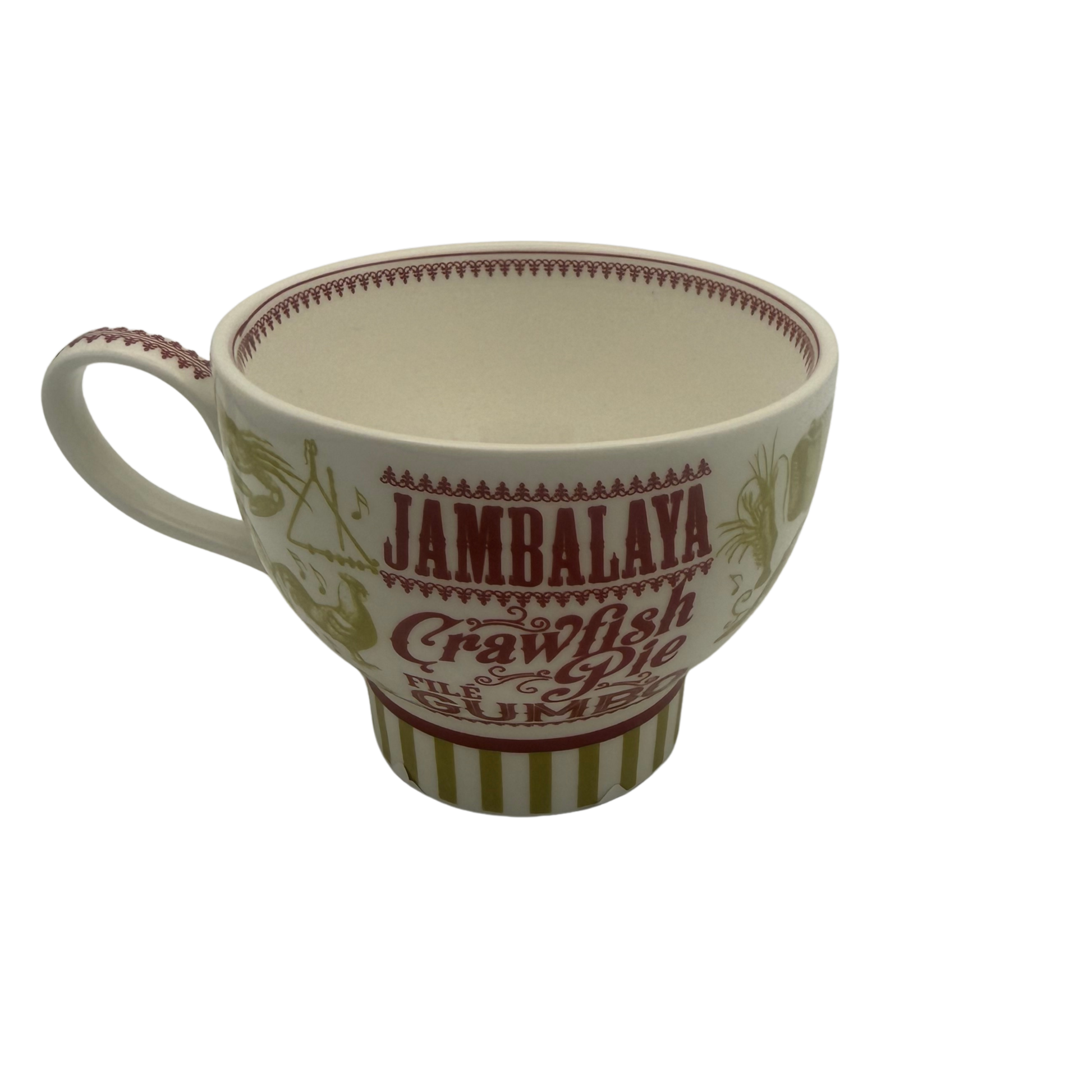 Mug with 'Jambalaya Crawfish & Gumbo' text on a white background