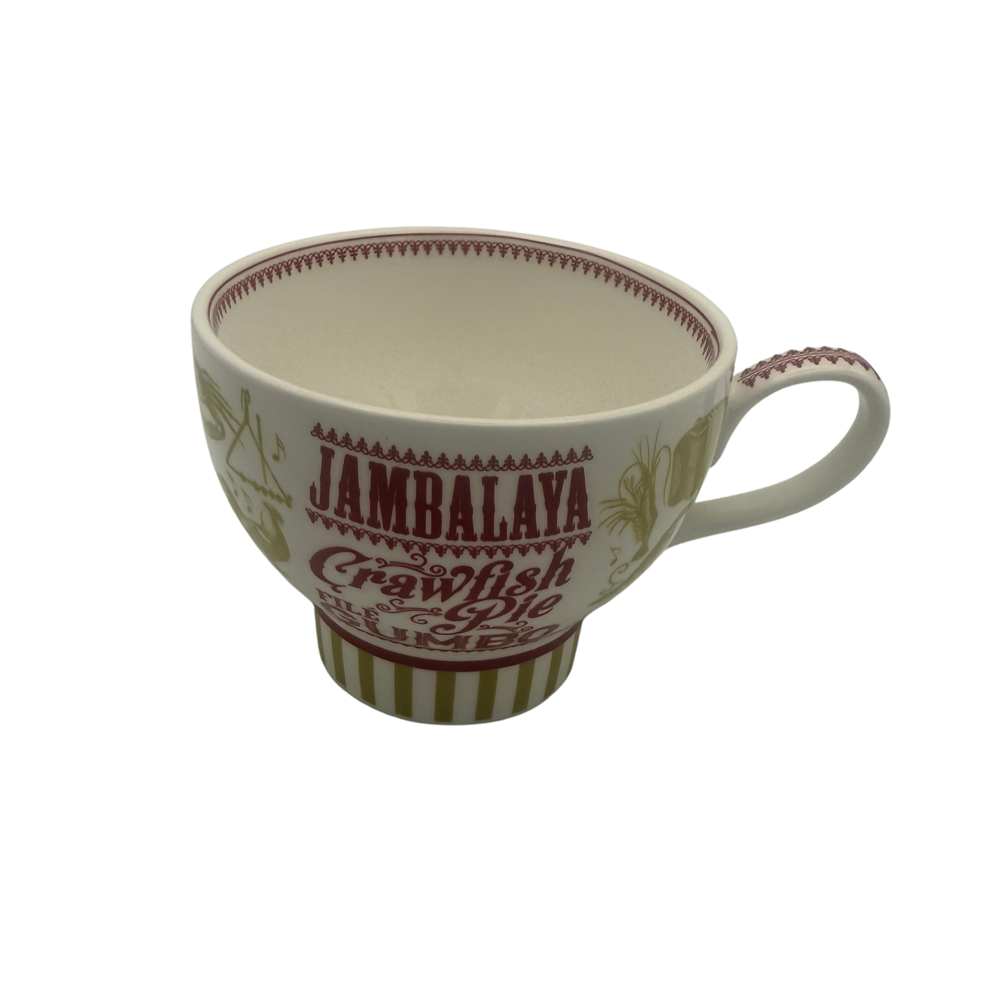 Mug with 'Jambalaya Crawfish Ole' text on a white background