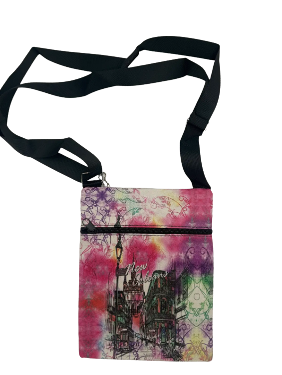 Crossbody bag with colorful design on a white background