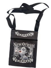 Black bag with 'New Orleans' and 'Voodoo' text, featuring a stylized face design on a white background.