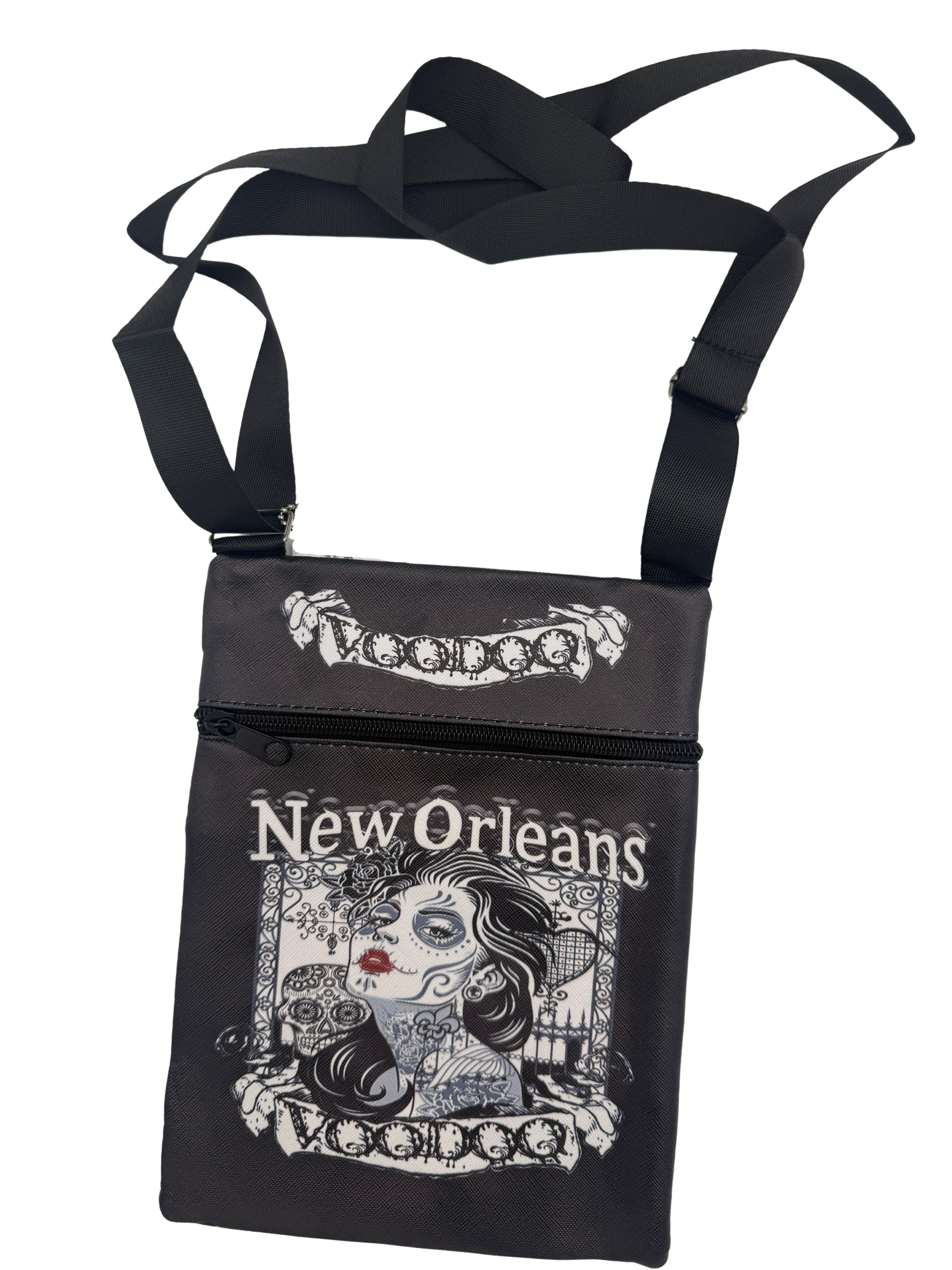 Black bag with 'New Orleans' and 'Voodoo' text, featuring a stylized face design on a white background.