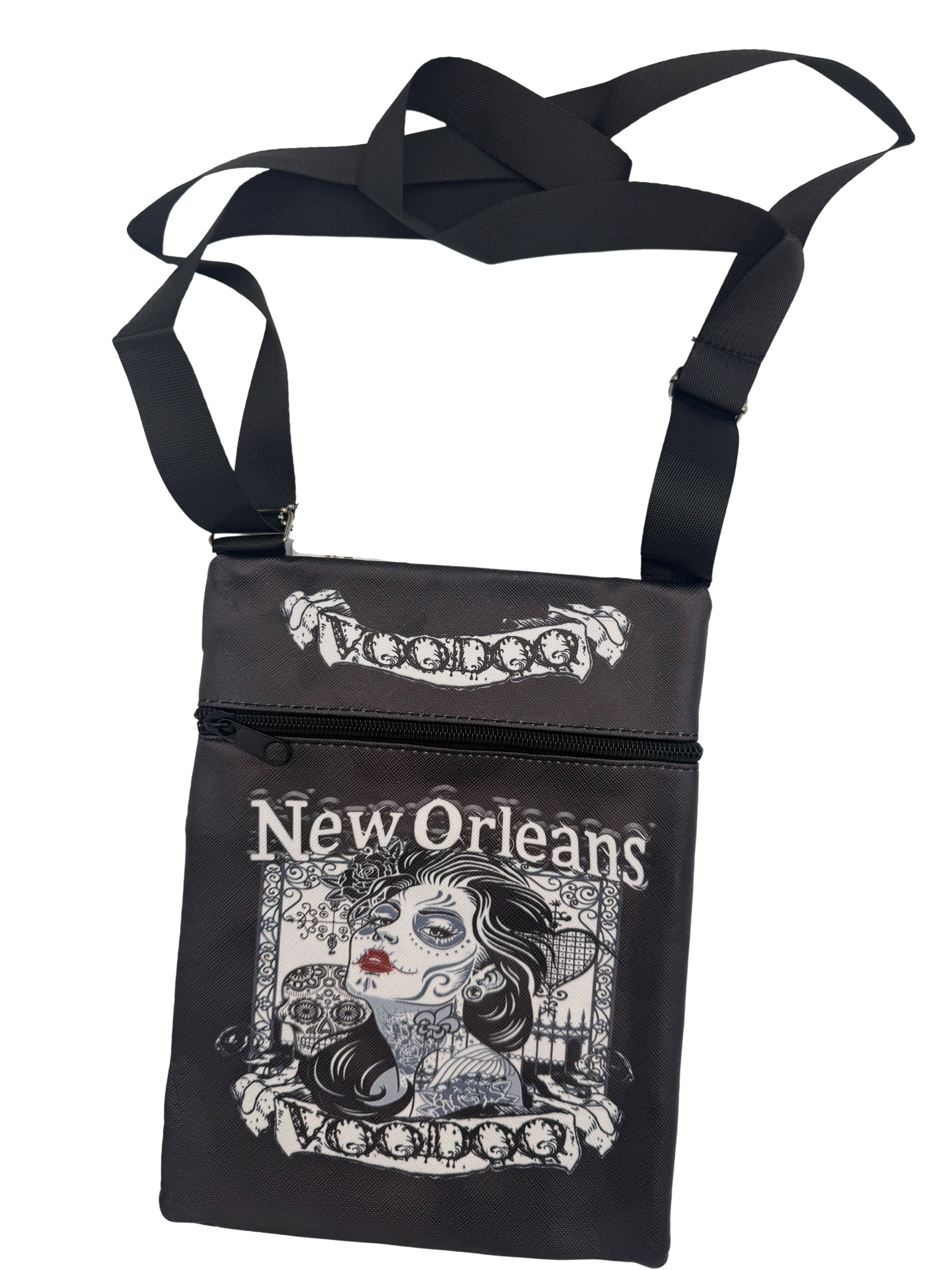 Black bag with 'New Orleans' and 'Voodoo' text, featuring a stylized face design on a white background.