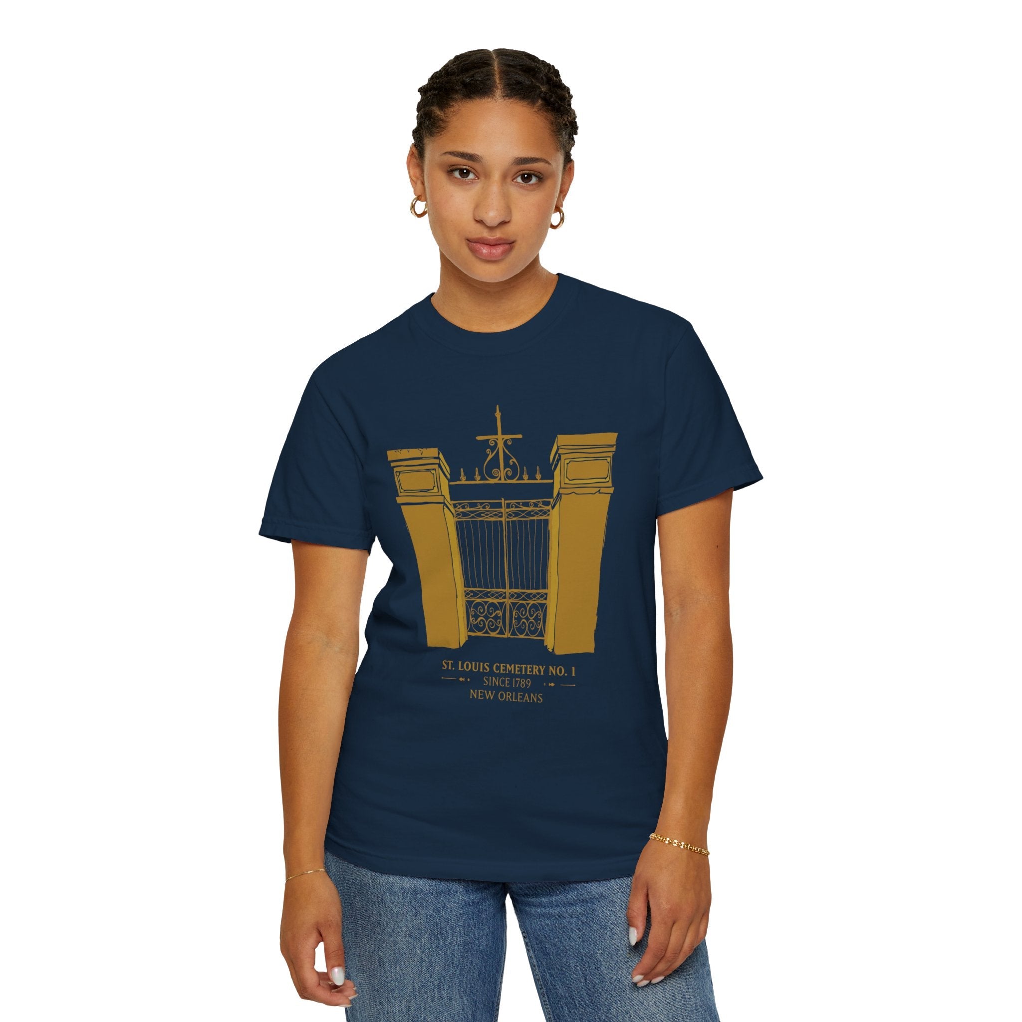 St. Louis Cemetery No. 1 Gate T-Shirt in Navy and Gold