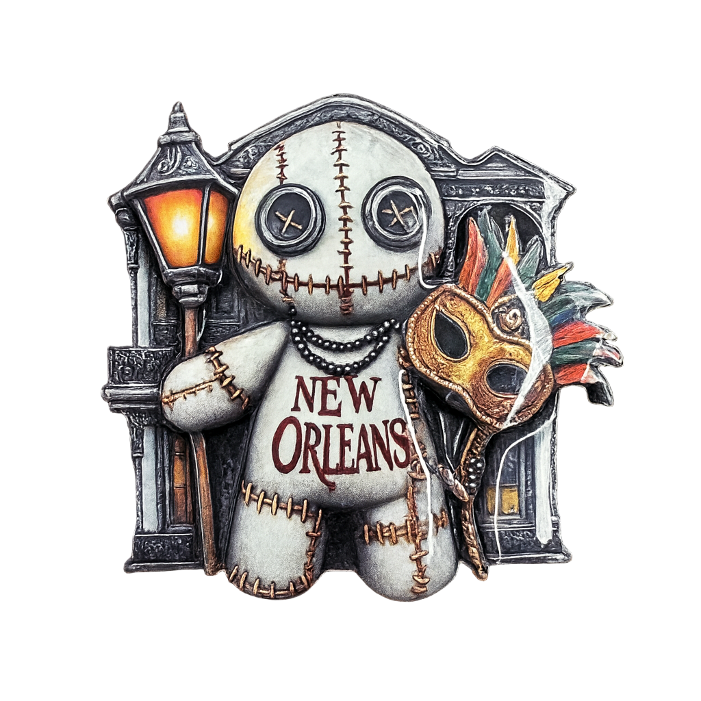 Voodoo Doll with Streetlight and Mardi Gras Mask Magnet