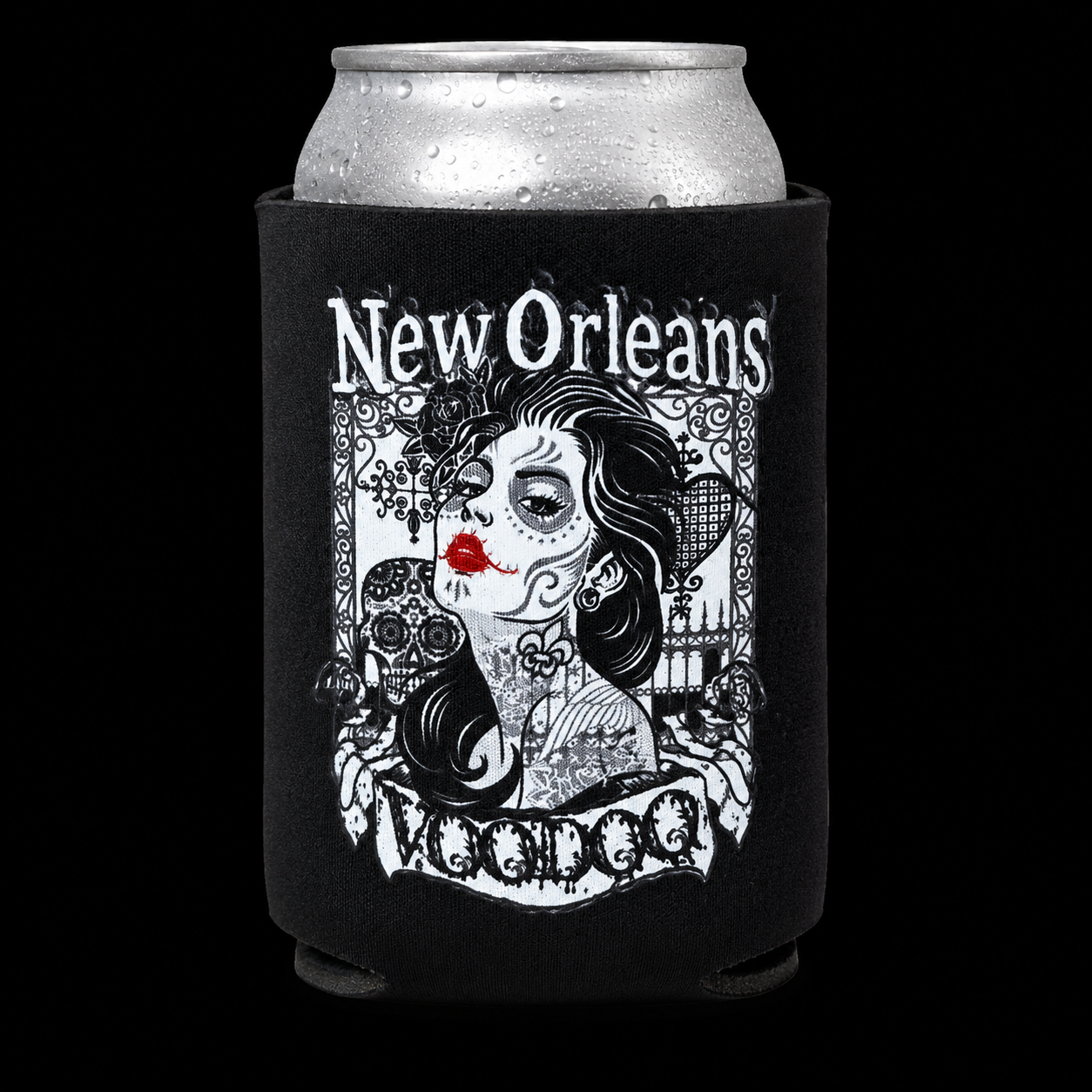 Black can cooler with a design of a woman's face with sugar skull makeup and 'New Orleans' text.