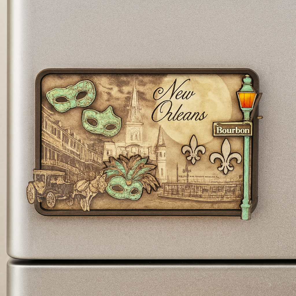 New Orleans Balcony Mask Lampost Steamboat Carriage Cathedral Raised Magnet