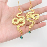 Green Crystal Snake Earrings with Star and Moon