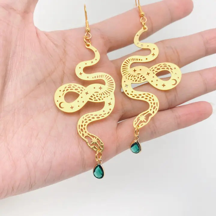 Green Crystal Snake Earrings with Star and Moon