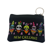 Black coin purse with colorful skull designs and 'New Orleans' text on a white background