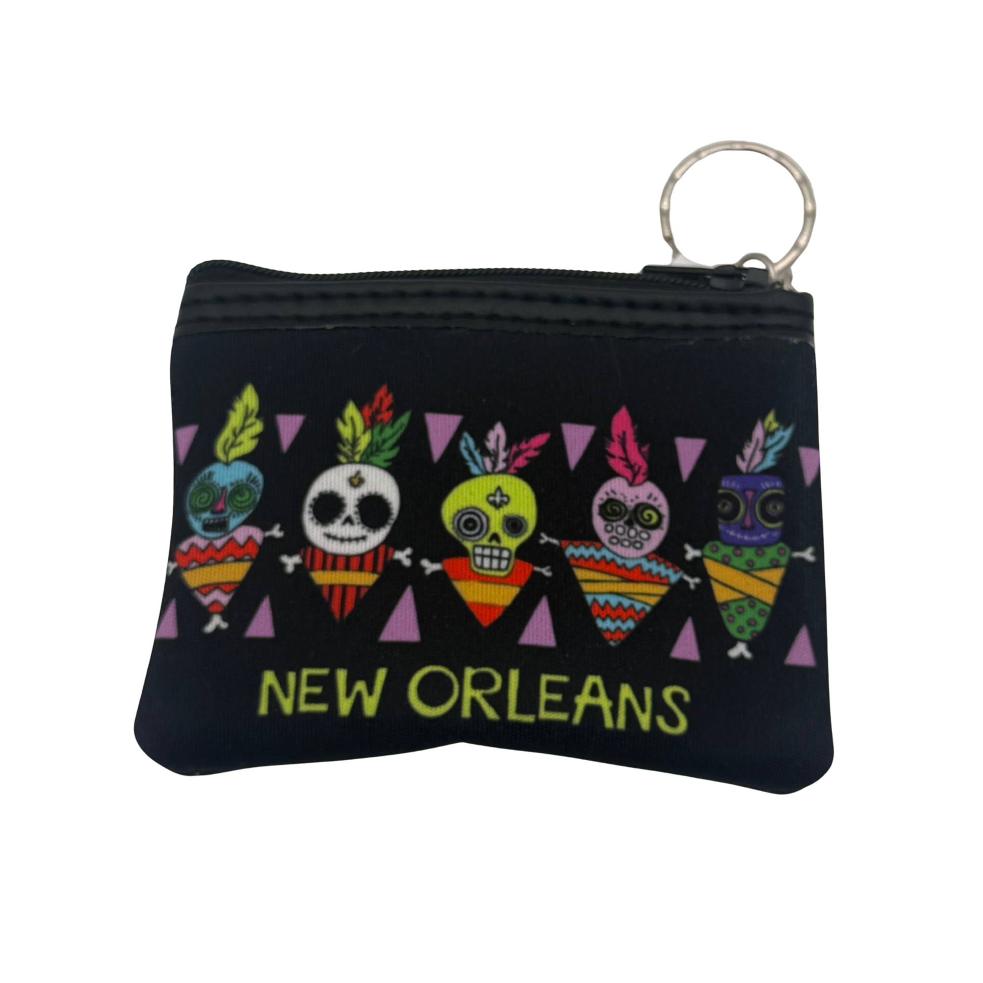 Black coin purse with colorful skull designs and 'New Orleans' text on a white background