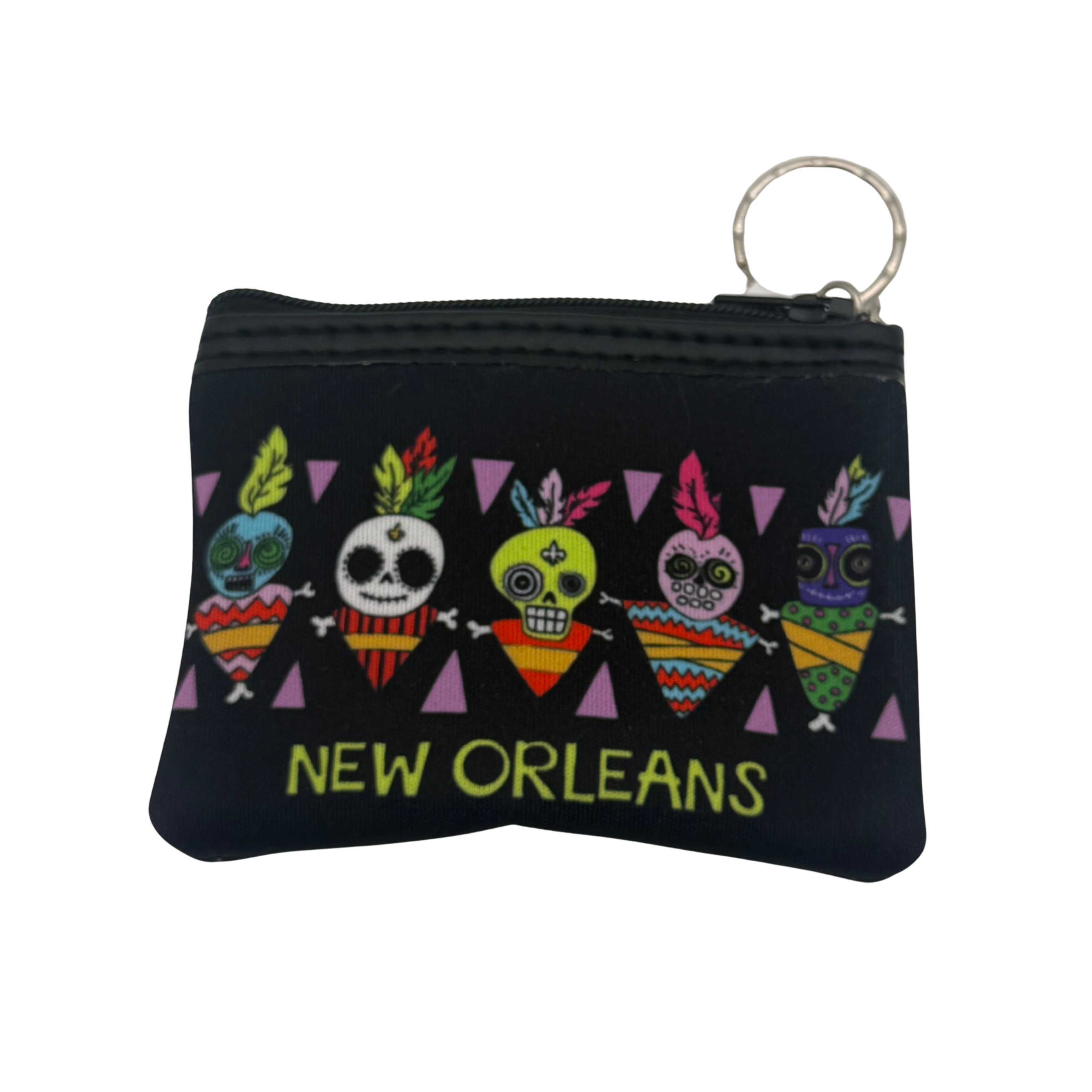 Black coin purse with colorful skull designs and 'New Orleans' text on a white background