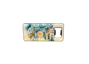 A rectangular metal bottle opener with a colorful vintage-style illustration of three musicians playing instruments, featuring a bottle opener cutout on the right side.