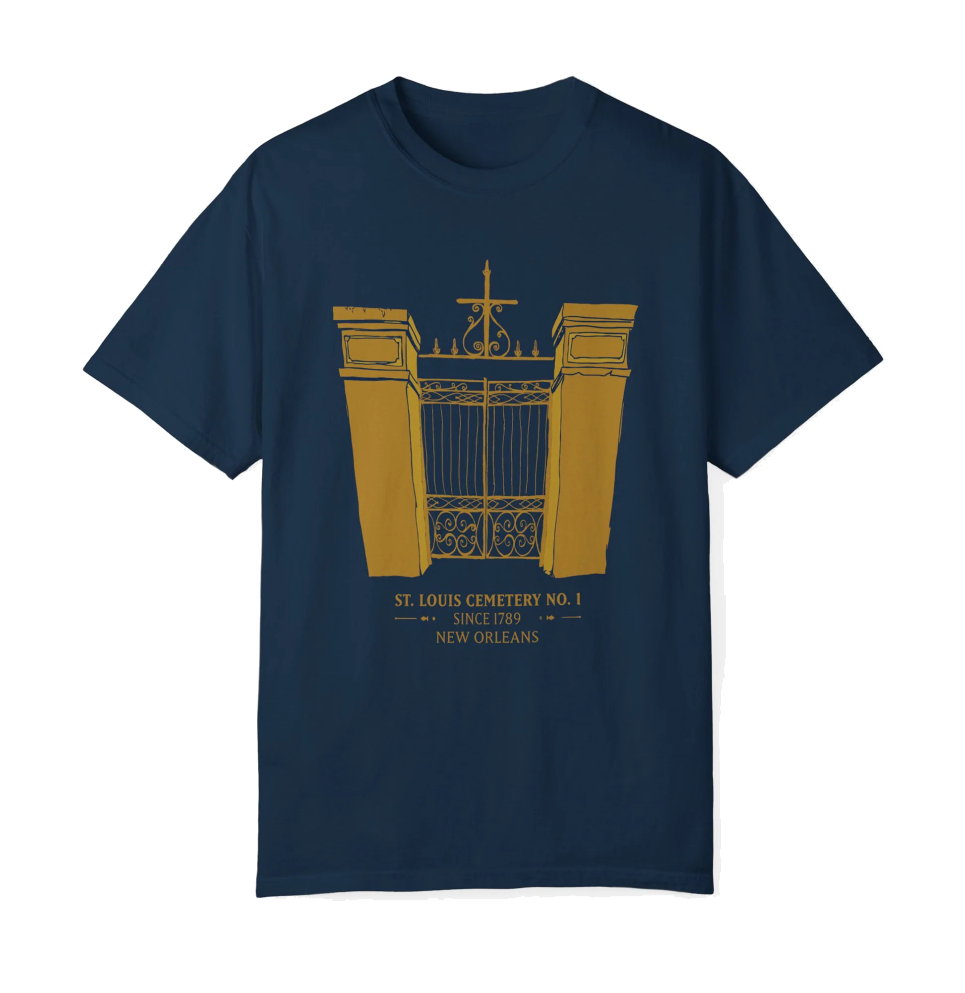 St. Louis Cemetery No. 1 Gate T-Shirt in Navy and Gold