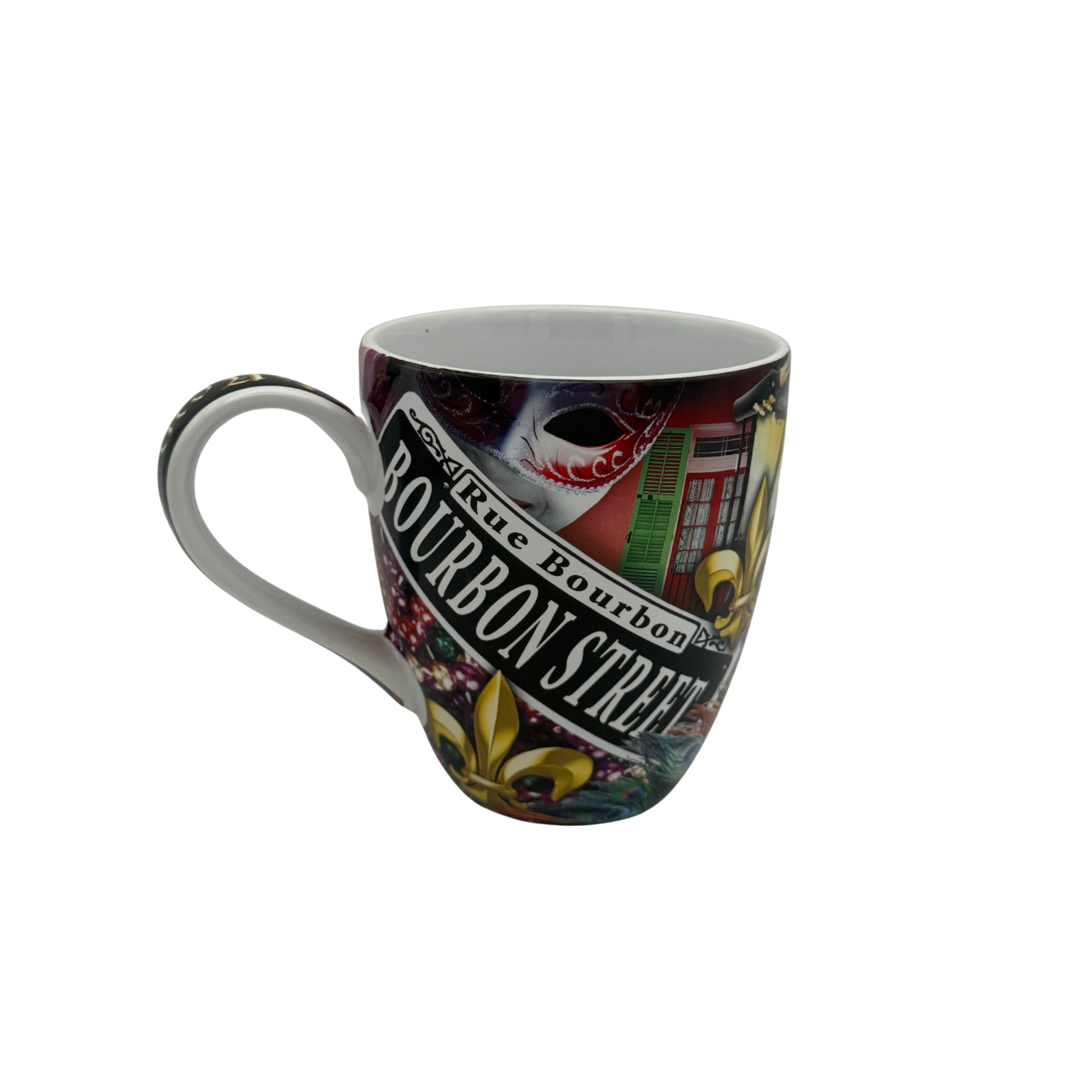 A ceramic coffee mug featuring a colorful Mardi Gras themed 'Bourbon Street' design with a masquerade mask, fleur-de-lis, and New Orleans architecture, shown on a plain white background.