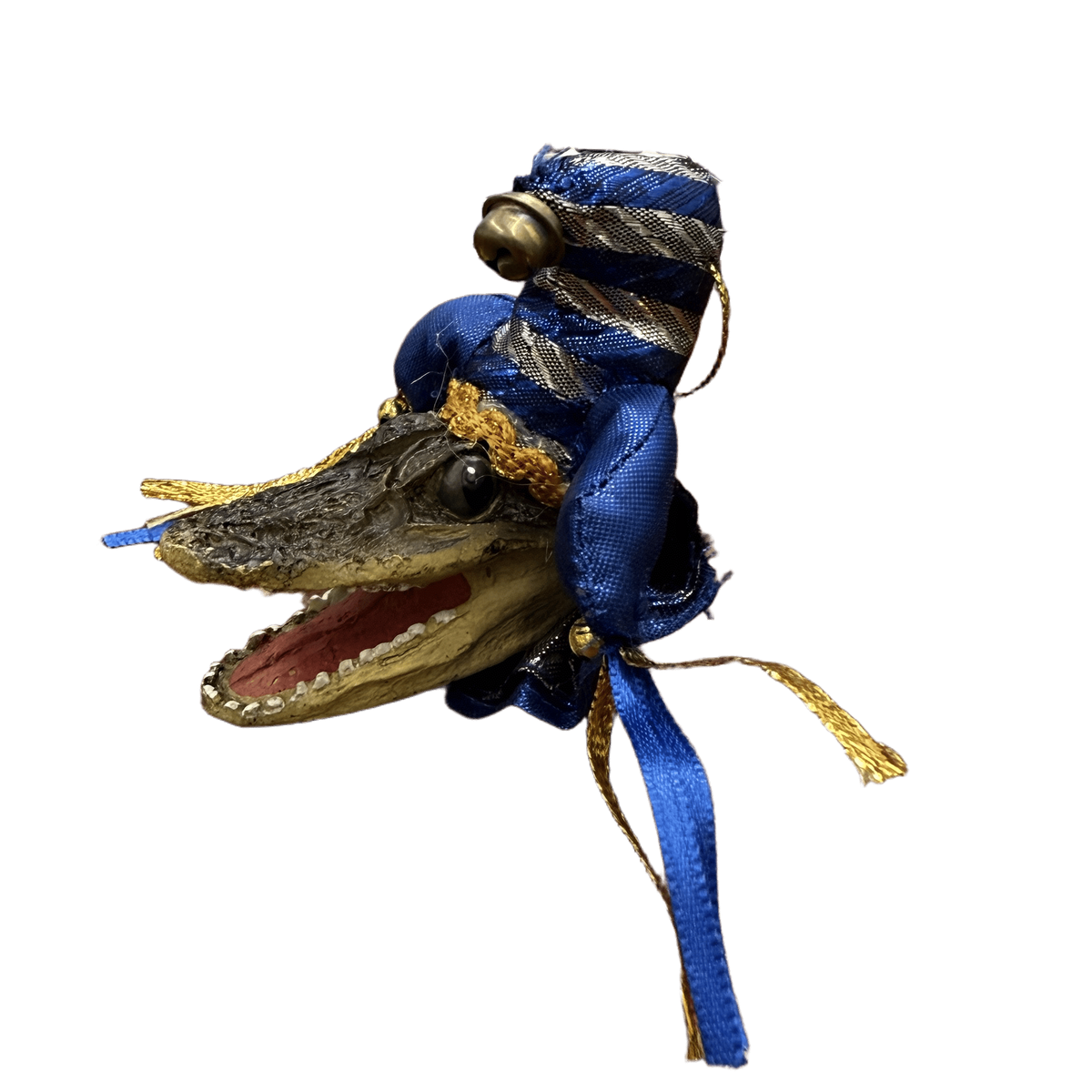 Decorative alligator head with blue ribbon and gold accents on a transparent background
