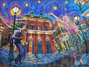 Birthday Orleans canvas art print by Shakor featuring a Mardi Gras reveler and trombone player on Bourbon Street beneath glowing lamps and a swirling blue sky.