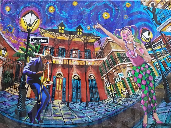 Birthday Orleans canvas art print by Shakor featuring a Mardi Gras reveler and trombone player on Bourbon Street beneath glowing lamps and a swirling blue sky.