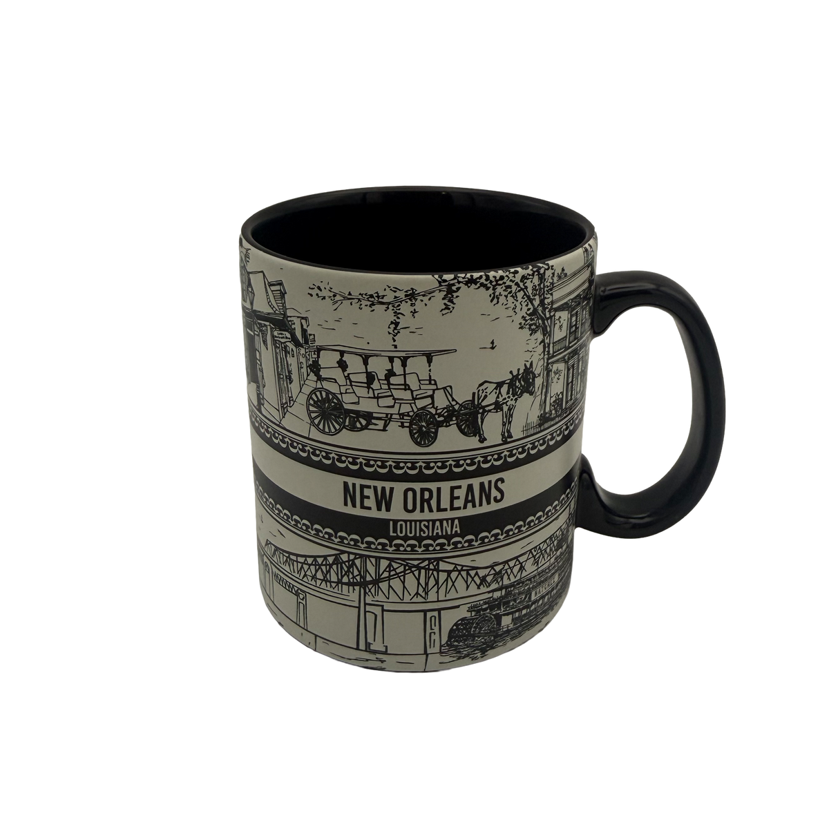 Black-and-white New Orleans souvenir mug with wraparound sketches of French Quarter buildings, carriage, streetcar, and bridge