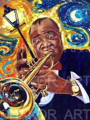 Blow Louie art print by Shakor featuring Louis Armstrong playing trumpet beneath a streetlamp against a swirling blue, gold and orange background.