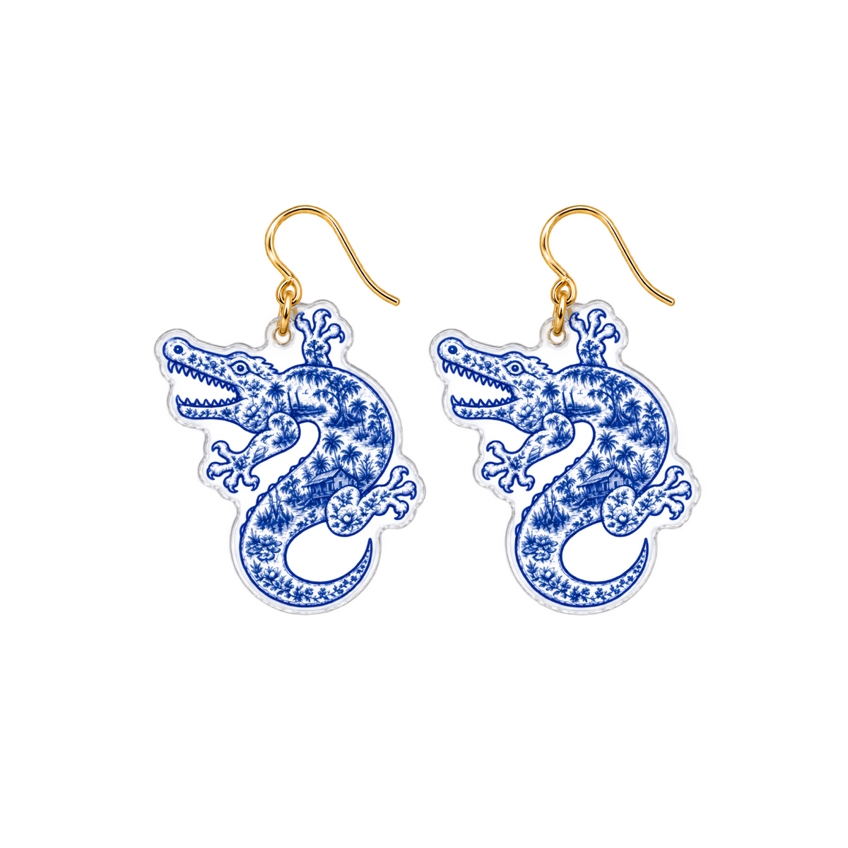 Pair of blue alligator clear acrylic dangle earrings with connected gold hooks