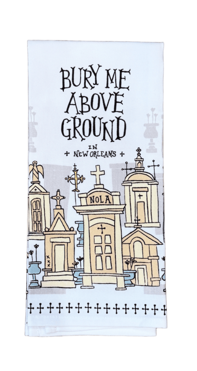 Tea towel with New Orleans-themed design and text on a white background