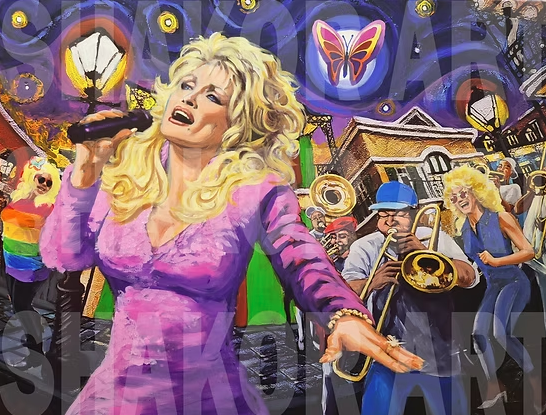 Butterfly Blonde art print by Shakor featuring Dolly Parton singing in a purple dress with a New Orleans brass band, dancers and glowing streetlamps.