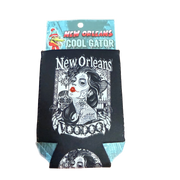Black can cooler with New Orleans Voodoo design and 'New Orleans Cool Gator' packaging.