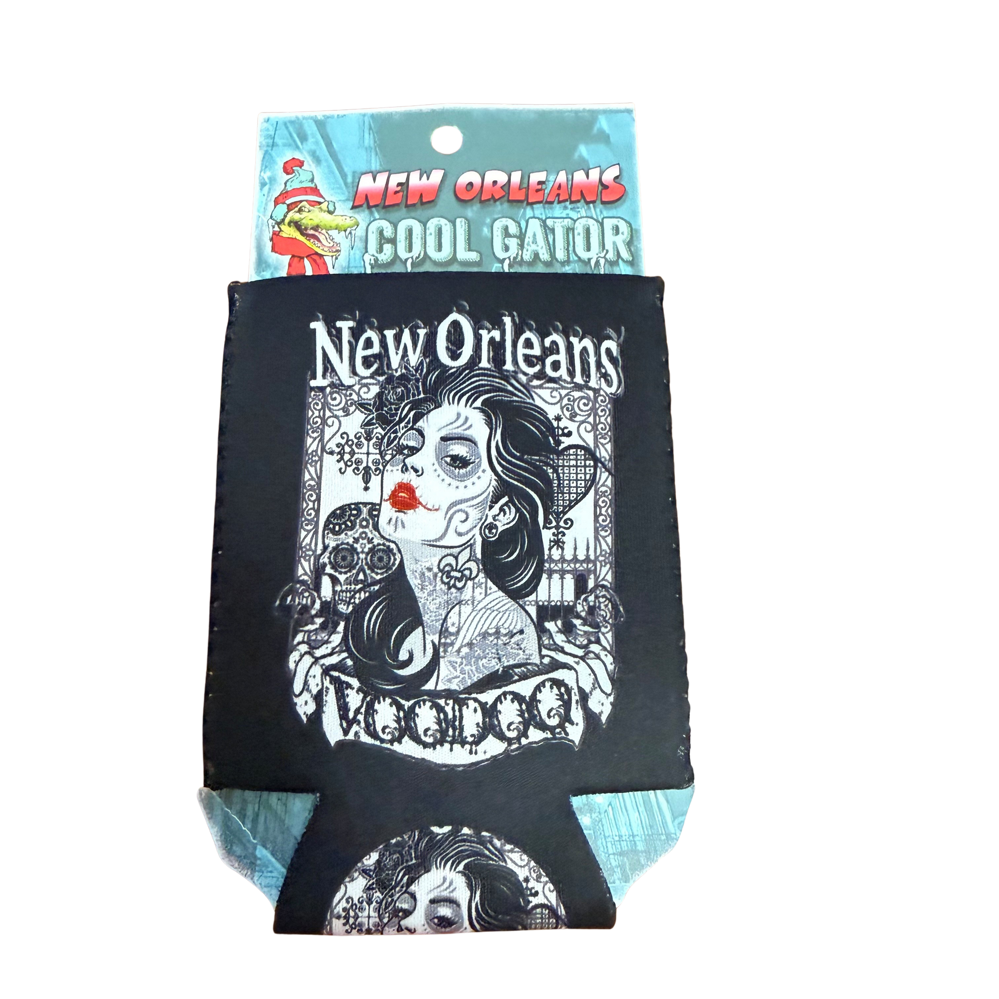 Black can cooler with New Orleans Voodoo design and 'New Orleans Cool Gator' packaging.