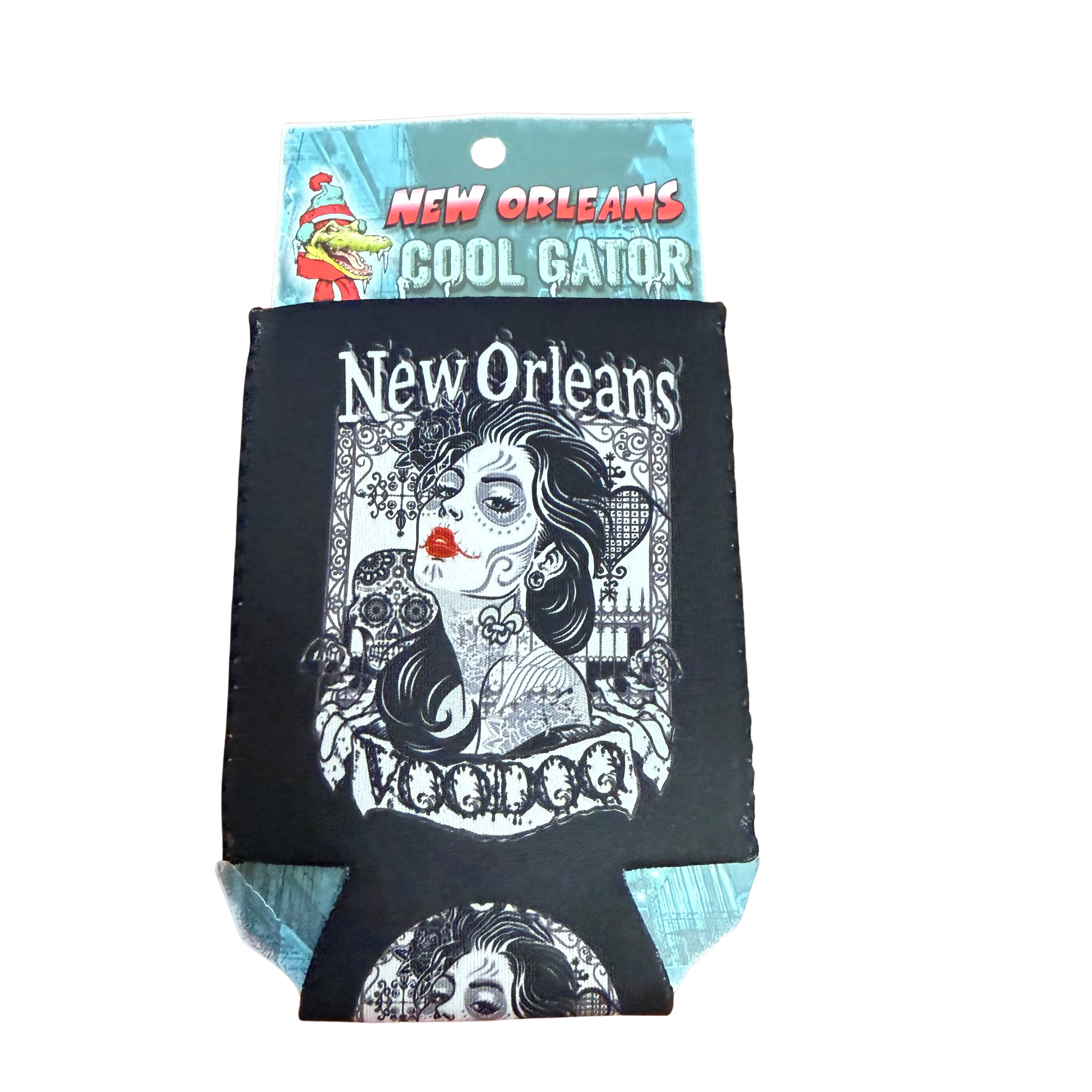 Black can cooler with New Orleans Voodoo design and 'New Orleans Cool Gator' packaging.