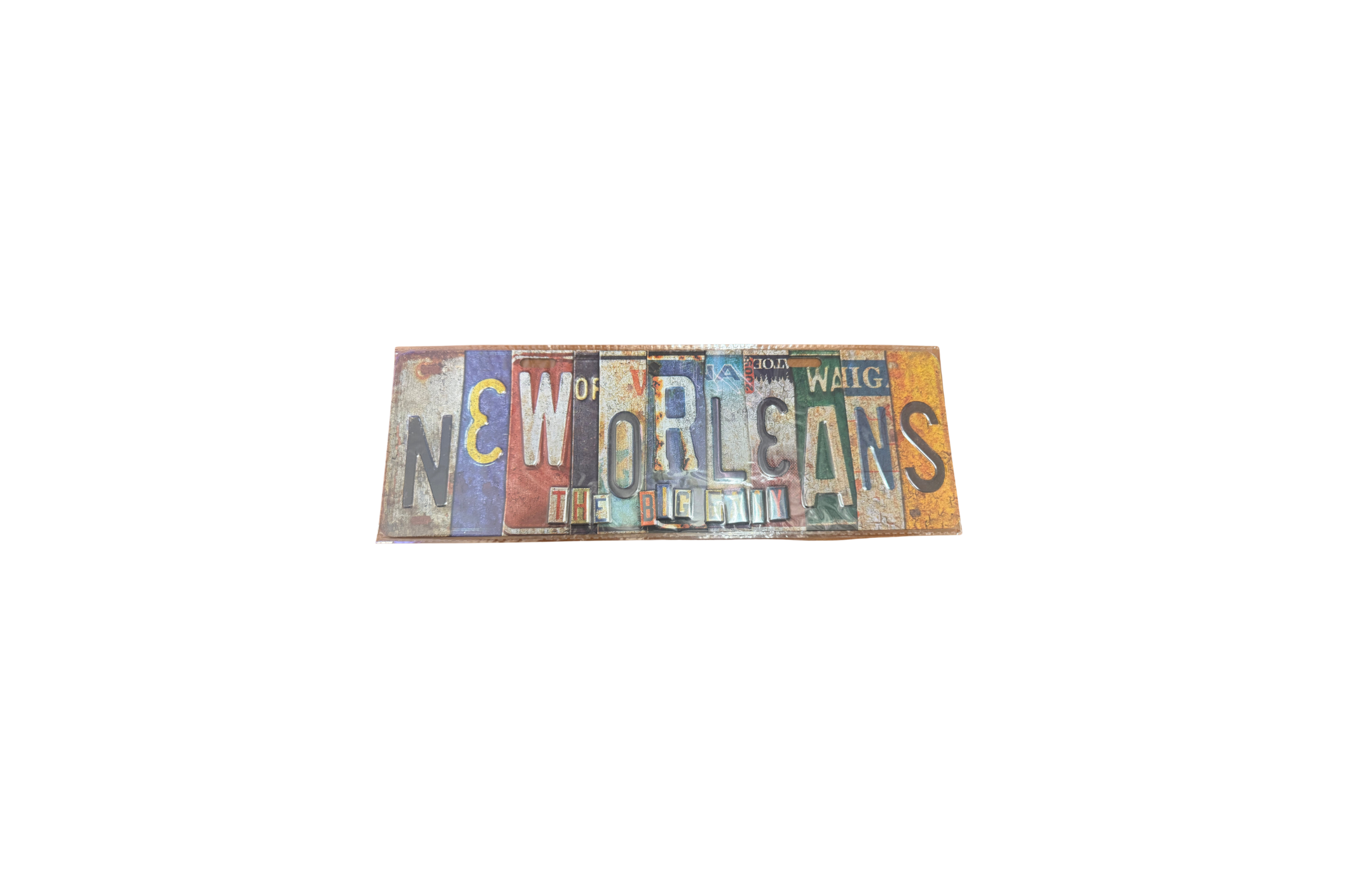Decorative sign made from license plate letters spelling 'New Orleans'.