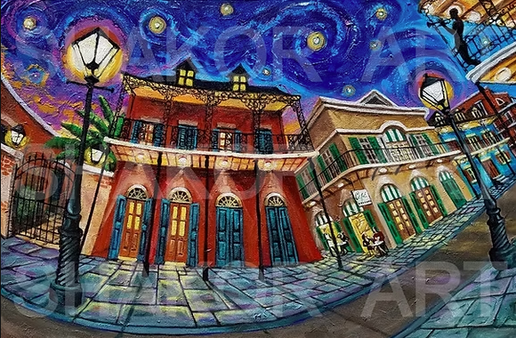 Cafe Orleans art print by Shakor featuring colorful French Quarter buildings, ironwork balconies, glowing streetlamps and a sidewalk café beneath a swirling blue sky.