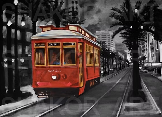 Canal Street Joy black-and-white art print by Shakor featuring a vivid red streetcar traveling along Canal Street beneath palm trees and city lights.