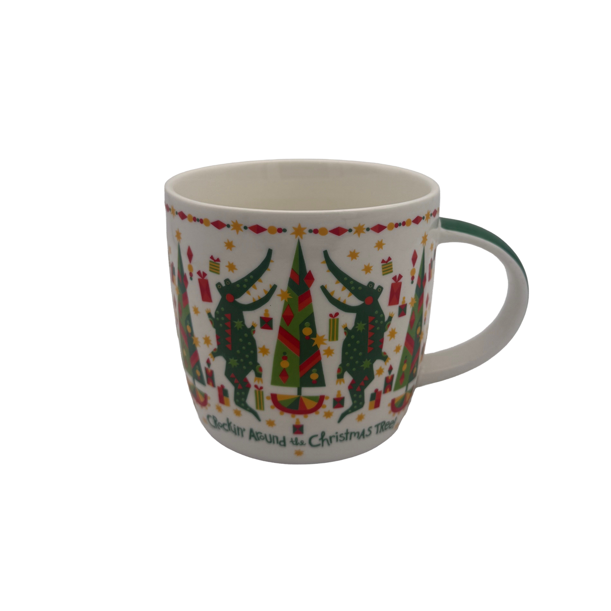 Crockin’ Around the Christmas Tree mug with dancing green alligators, colorful gifts, and festive Louisiana holiday artwork