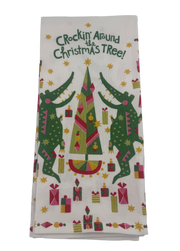 Crockin’ Around the Christmas Tree kitchen towel with dancing green alligators, colorful presents and a festive holiday tree.