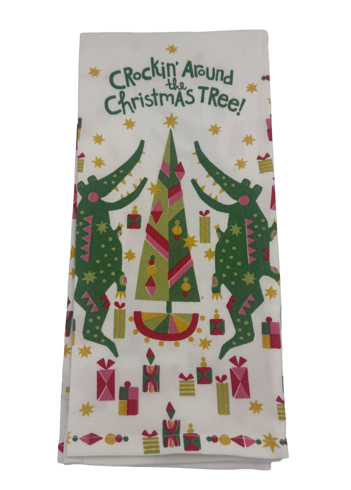 Crockin’ Around the Christmas Tree kitchen towel with dancing green alligators, colorful presents and a festive holiday tree.