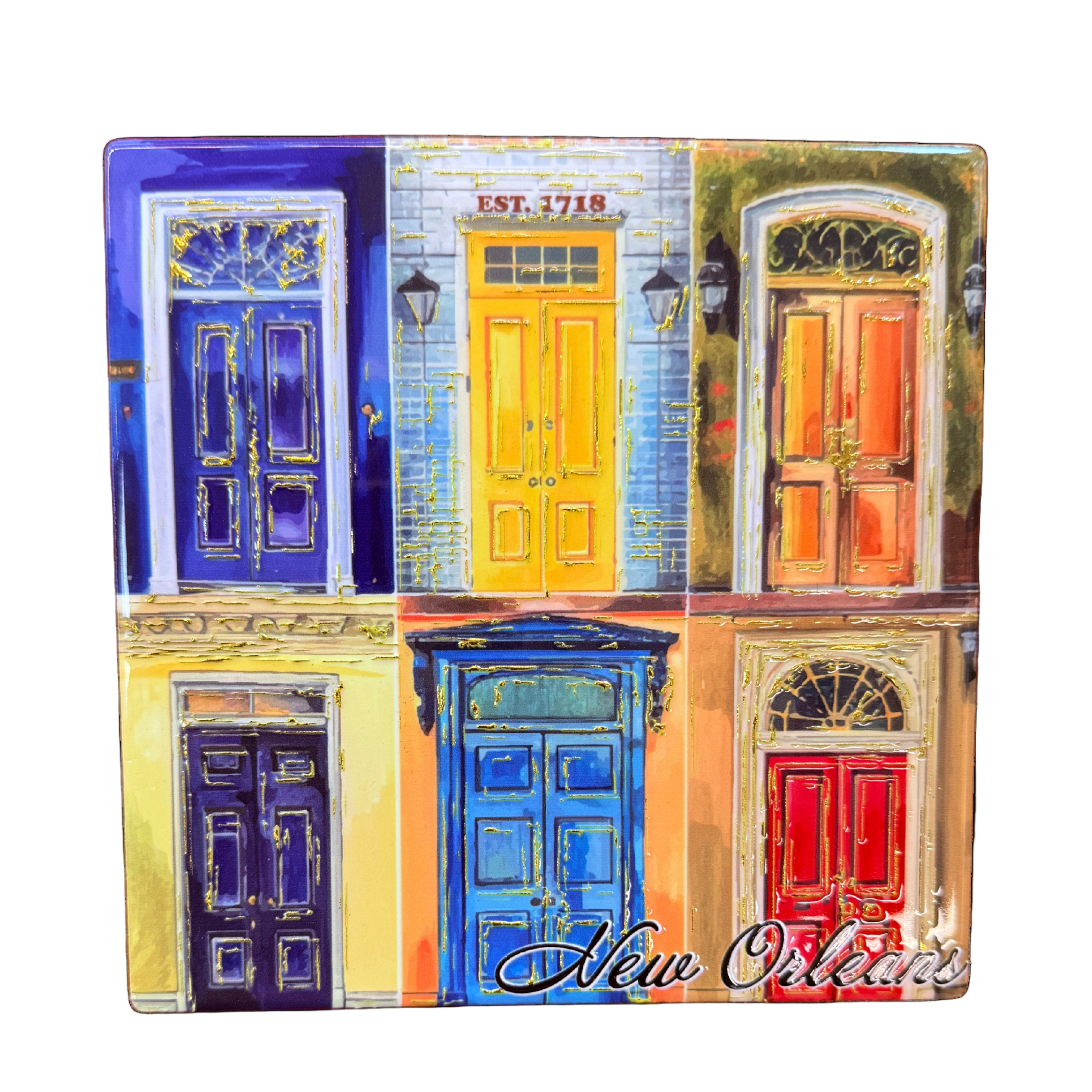 Colorful depiction of doors with 'New Orleans' text on a white background ceramic coaster