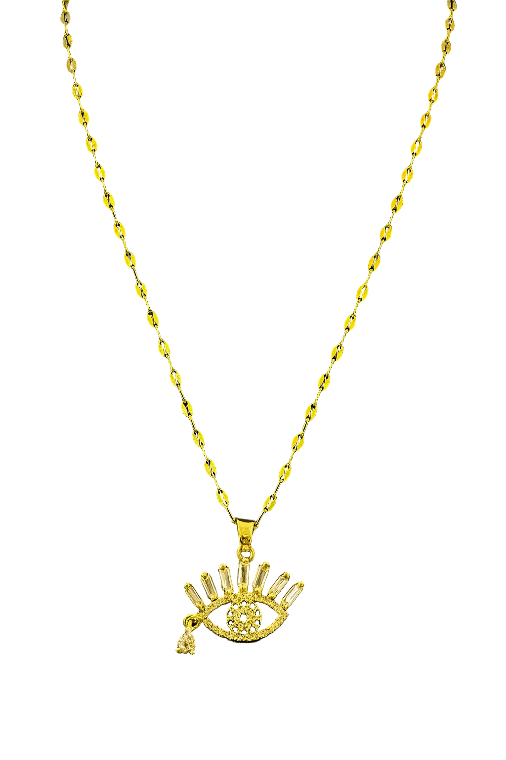 Gold necklace with an eye-shaped pendant on a black background