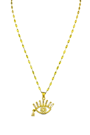 Gold necklace with an eye-shaped pendant on a black background