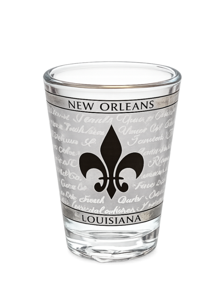 Clear glass shot glass with New Orleans and Louisiana text and a black fleur-de-lis design on a white background.