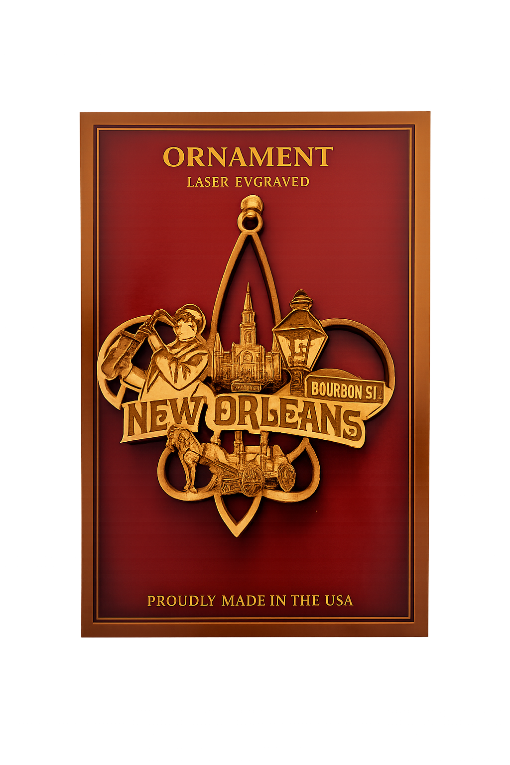 Decorative ornament with New Orleans-themed design on a red background