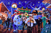 Farewell COVID-19 art print by Shakor showing a New Orleans brass band and dancing figures celebrating beneath balconies, streetlamps and a swirling blue night sky.