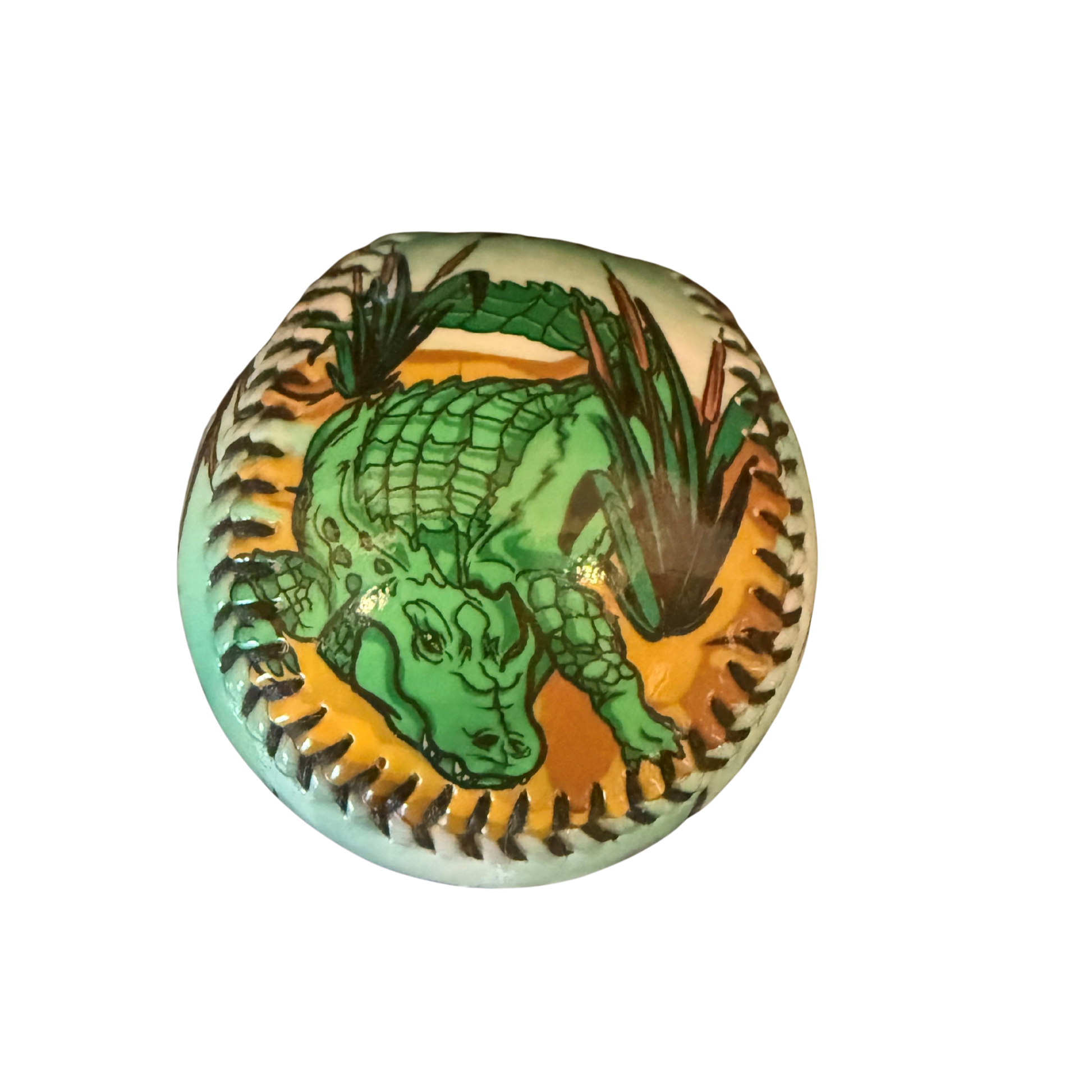 Round button badge with a green dragon design on a white background