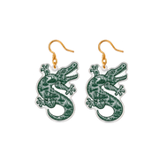 Pair of green alligator clear acrylic dangle earrings with connected gold hooks
