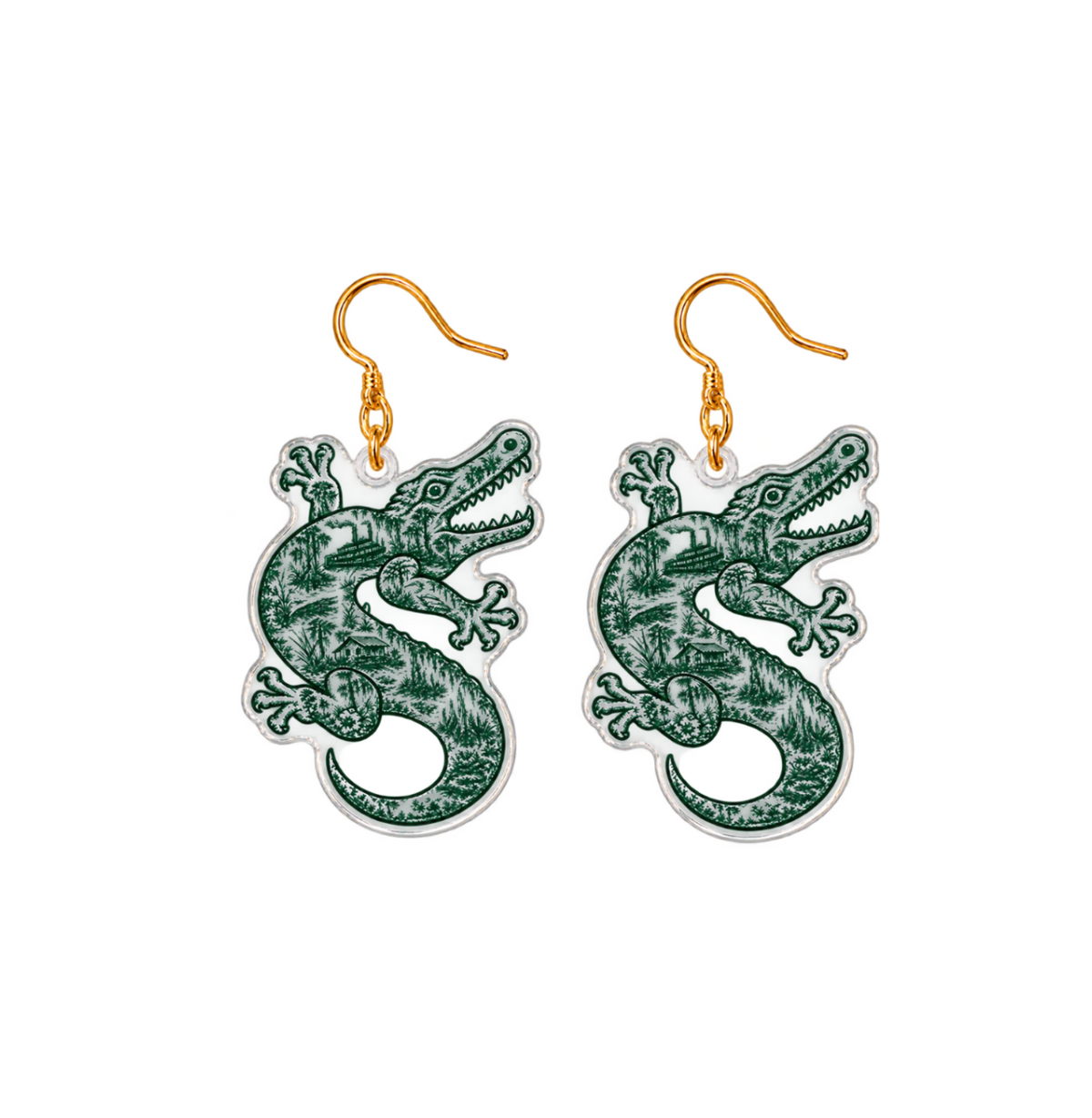Pair of green alligator clear acrylic dangle earrings with connected gold hooks