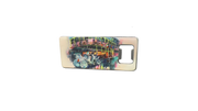 A rectangular phone case with a bottle opener cutout on the back, featuring a colorful painted illustration of vintage horse-drawn carriages and a building on a white background.