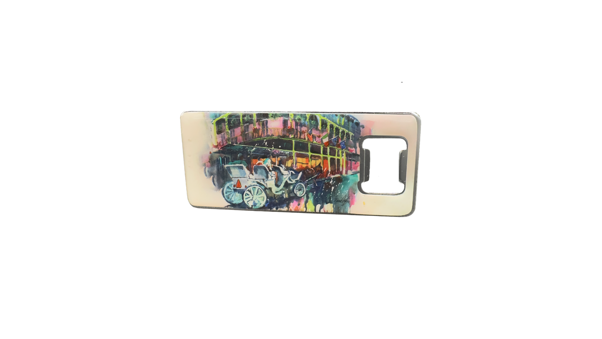 A rectangular phone case with a bottle opener cutout on the back, featuring a colorful painted illustration of vintage horse-drawn carriages and a building on a white background.