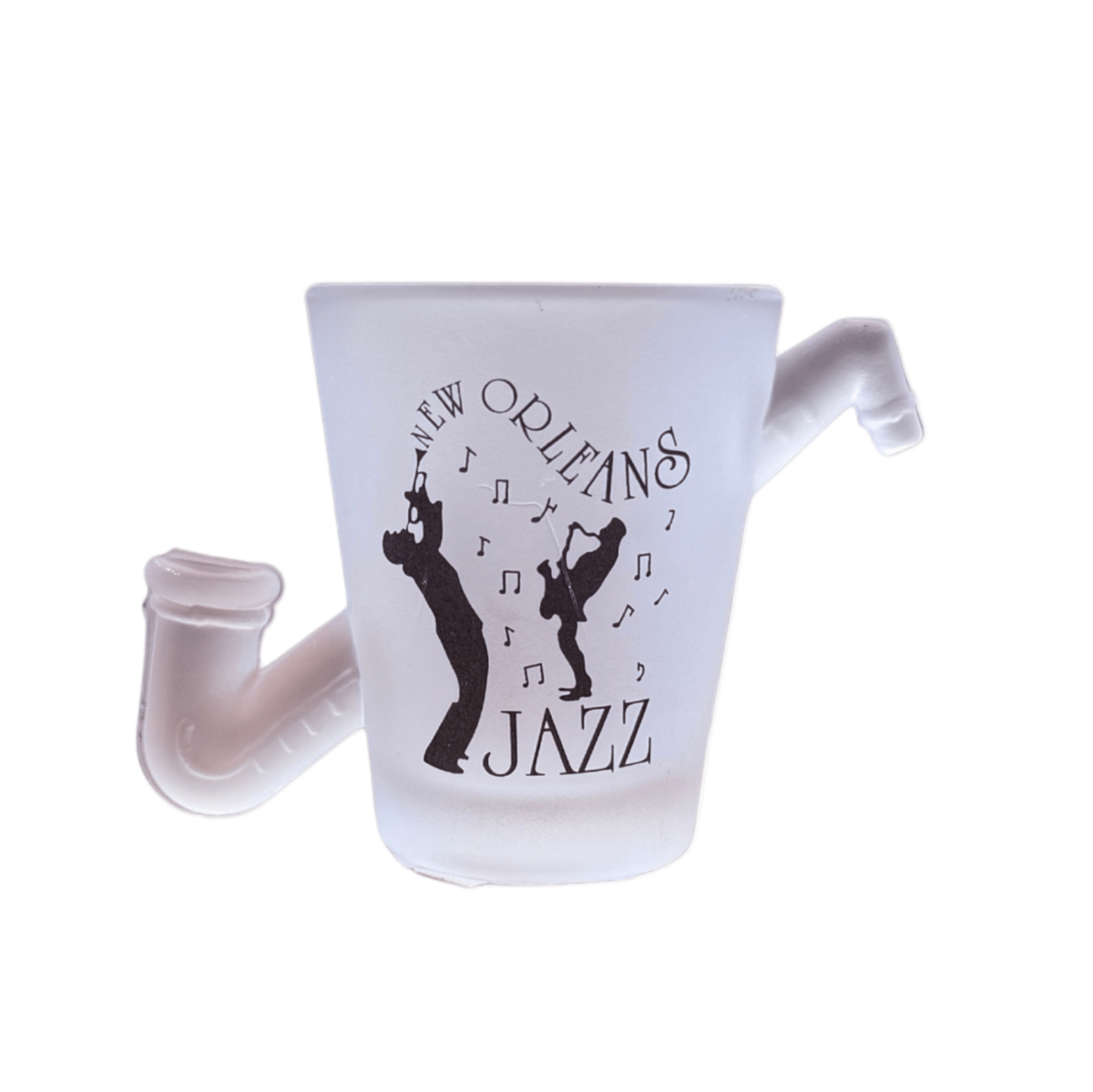 A frosted white glass shot glass featuring a black graphic of two jazz musicians and the text 'NEW ORLEANS JAZZ', with integrated curved pipe nozzles on the sides, shown against a plain white background.