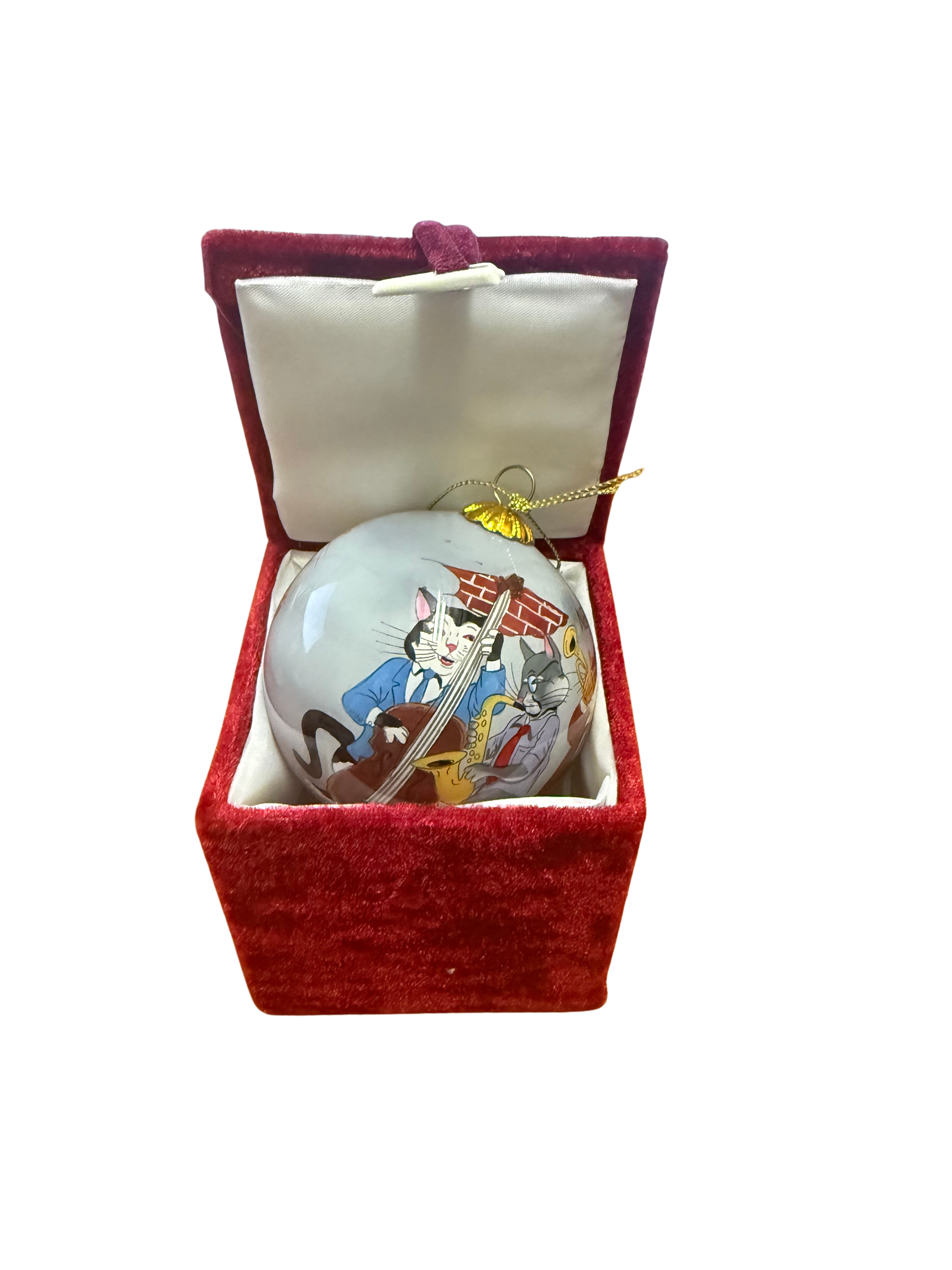 Jazzy Cats New Orleans Glass Ornament in a Red Velvet Box