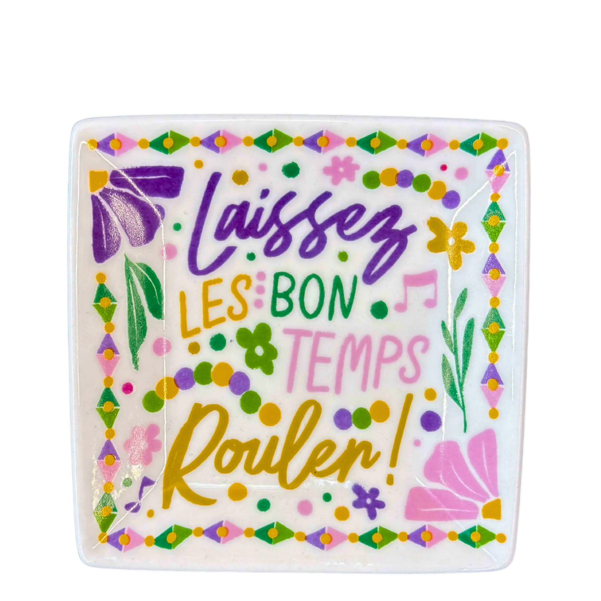 Decorative square with colorful text and floral elements 