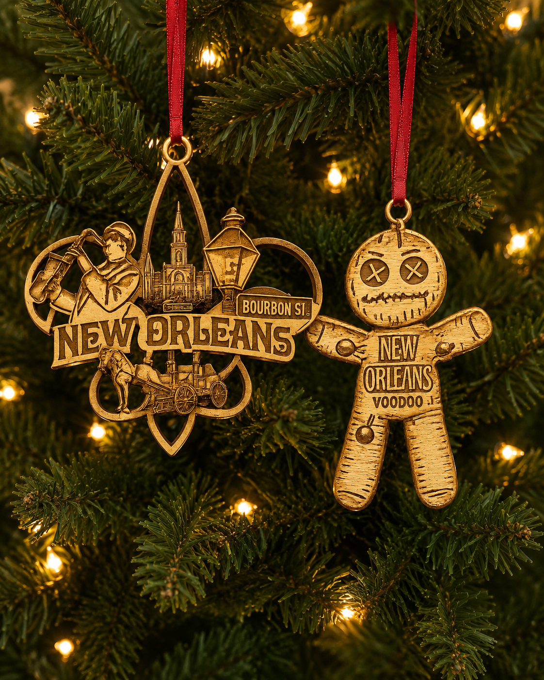 Two New Orleans-themed Christmas ornaments hanging on a decorated tree.